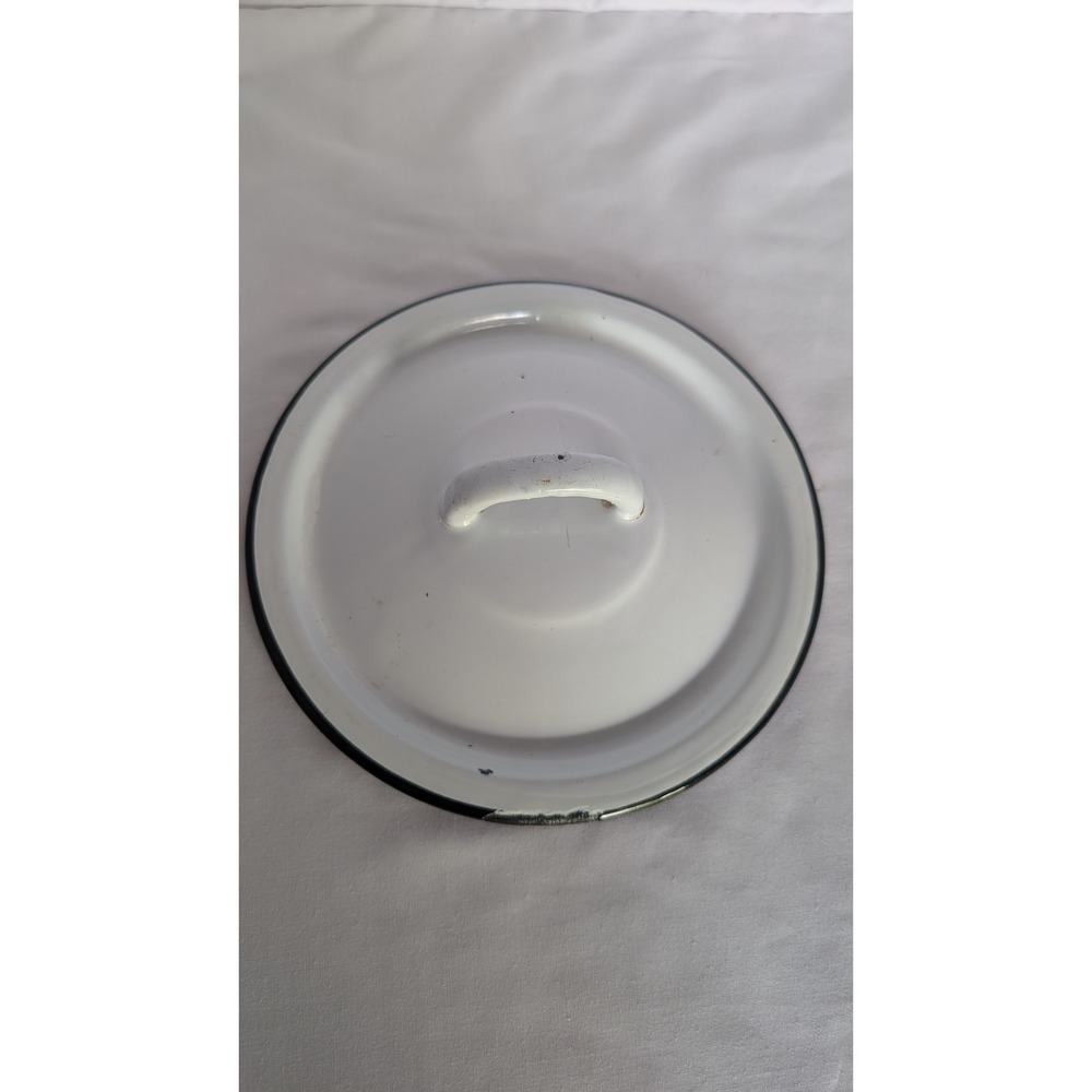Vintage White Enamel Pot Lid Black Trim Replacement Farmhouse Cookware 7.25 Inch